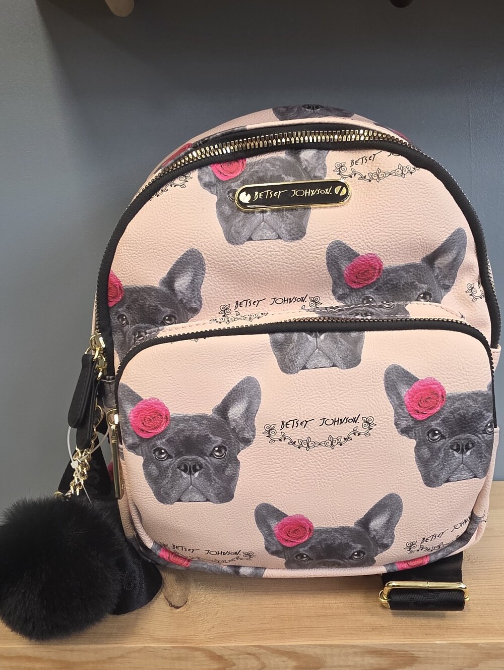 Betsey Johnson Pink French Bulldog Pattern Mini Backpack with Black Pom - Picture 7 of 10